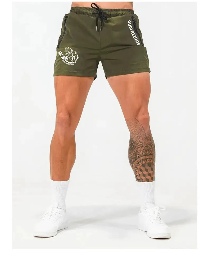 Men's olive-green printed gym shorts with quick-dry fabric, side double zipper pockets and drawstring waistband.