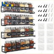 Simples Market iron wall-mounted 3-tier spice rack with labeled glass jars and mounting hardware
