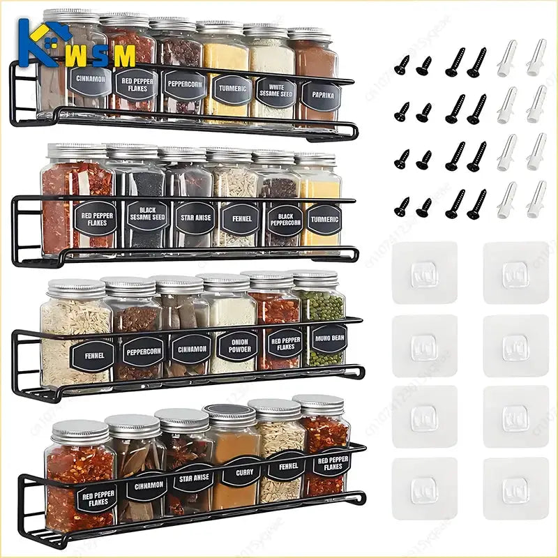 Simples Market iron wall-mounted 3-tier spice rack with labeled glass jars and mounting hardware