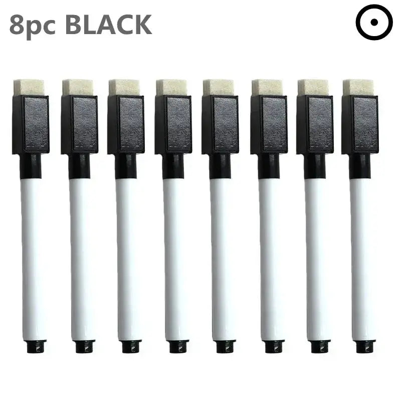 8pc whiteboard marker set with built-in erasers; white bodies and black caps.