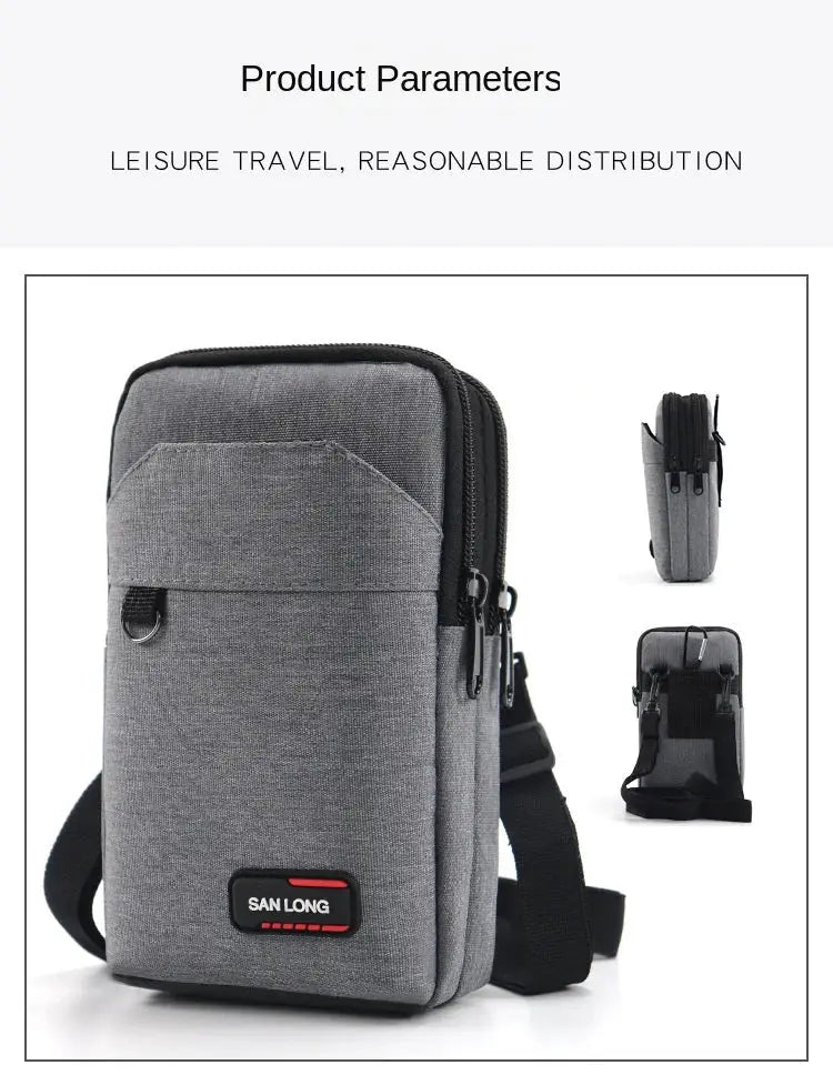 Men's gray waterproof tactical waist pack with phone pouch and multiple zip pockets; San Long logo visible.