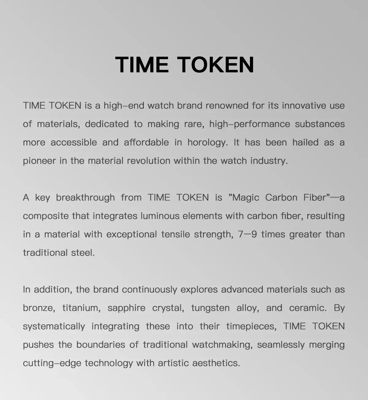 TIME TOKEN brand page with descriptive text about materials and watchmaking innovations