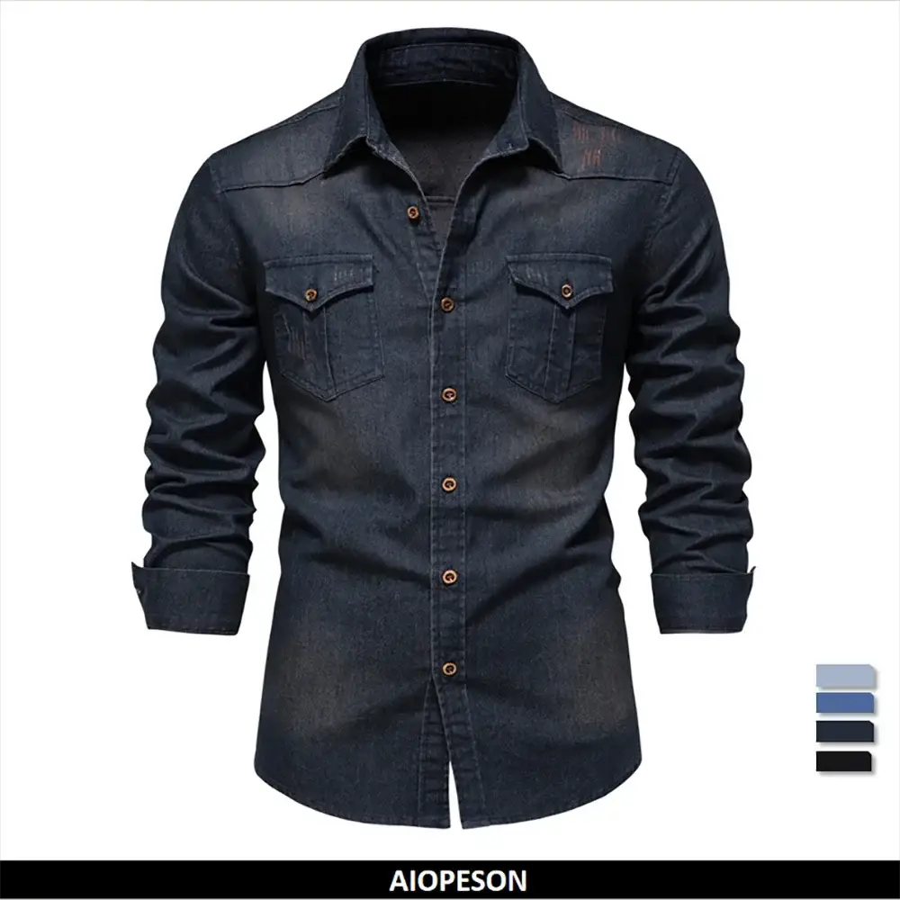AIOPESON men's denim shirt, long sleeve, dark indigo cotton denim with brown buttons