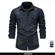 AIOPESON men's denim shirt, long sleeve, dark indigo cotton denim with brown buttons