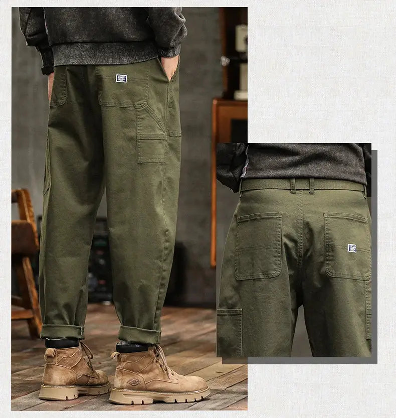 HIQOR men's olive cargo pants by Simples Market, cotton casual loose-fit with belt loops and cargo pockets
