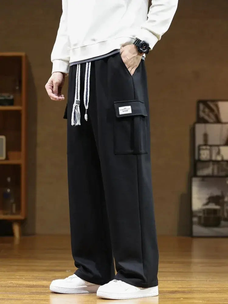 Men's black cargo sweatpants with drawstring waist, cotton, 8XL