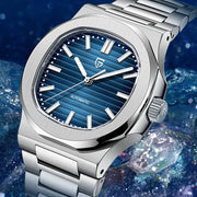PAGANI DESIGN automatic men's luxury watch with blue striped dial and stainless steel bracelet