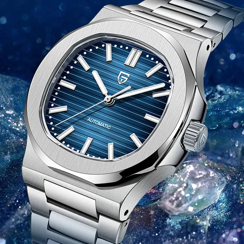 PAGANI DESIGN automatic men's luxury watch with blue striped dial and stainless steel bracelet