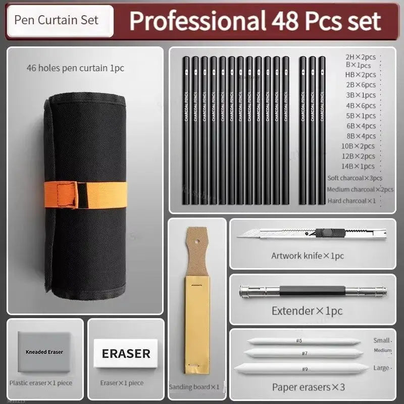 Simples Market Professional 48 Pcs sketching pen set with pen curtain case and assorted drawing tools