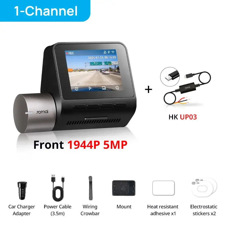 70mai Dash Cam A510 front camera 1944P 5MP with accessory kit: car charger, power cable, mount, adhesive, two stickers