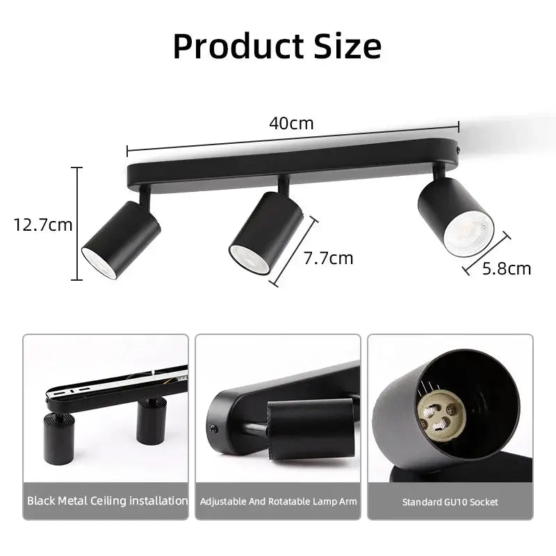 Simples Market black metal ceiling light with 3 adjustable GU10 LED spotlights on a 40 cm bar