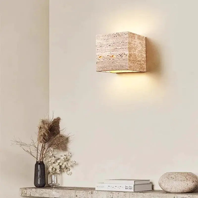 Wabi Sabi yellow marble wall lamp by Simples Market, square travertine LED bedside wall light