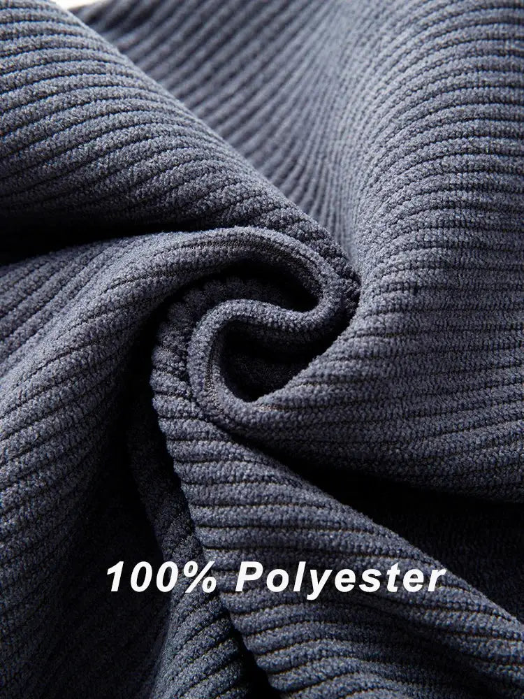 Men's corduroy pants; dark blue fabric with thick ribbing, durable, comfortable casual wear, 100% polyester