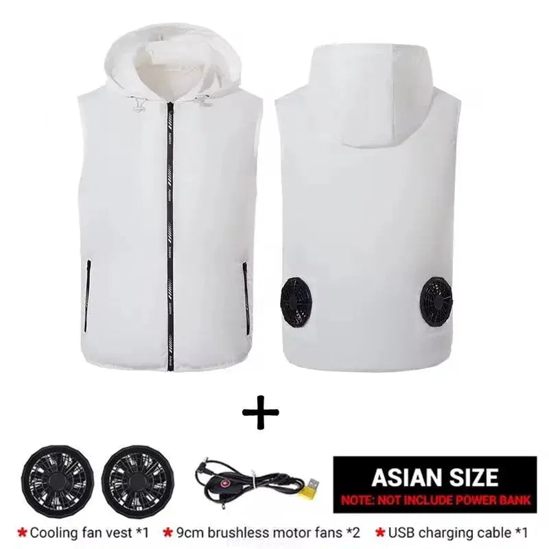 Cooling fan vest by Simples Market, white ultralight outdoor windbreaker with hood and dual USB fans.