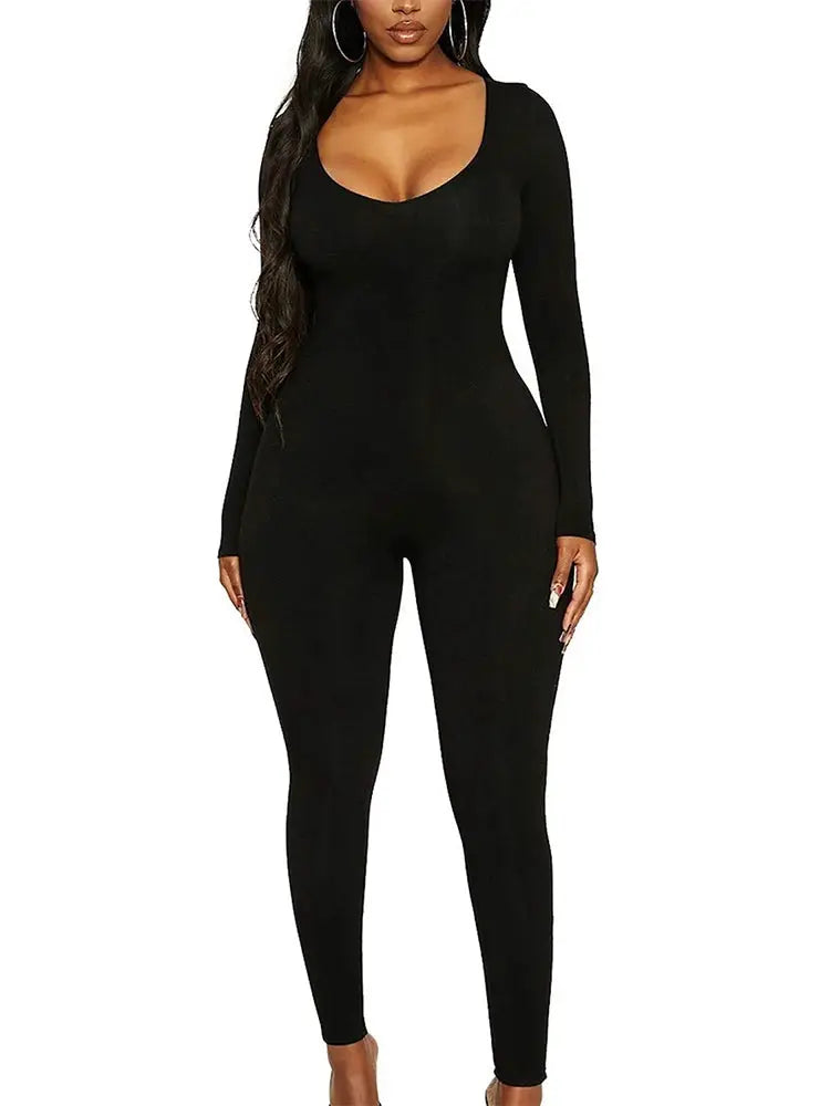 Women's black long-sleeve skinny jumpsuit, solid color pullover