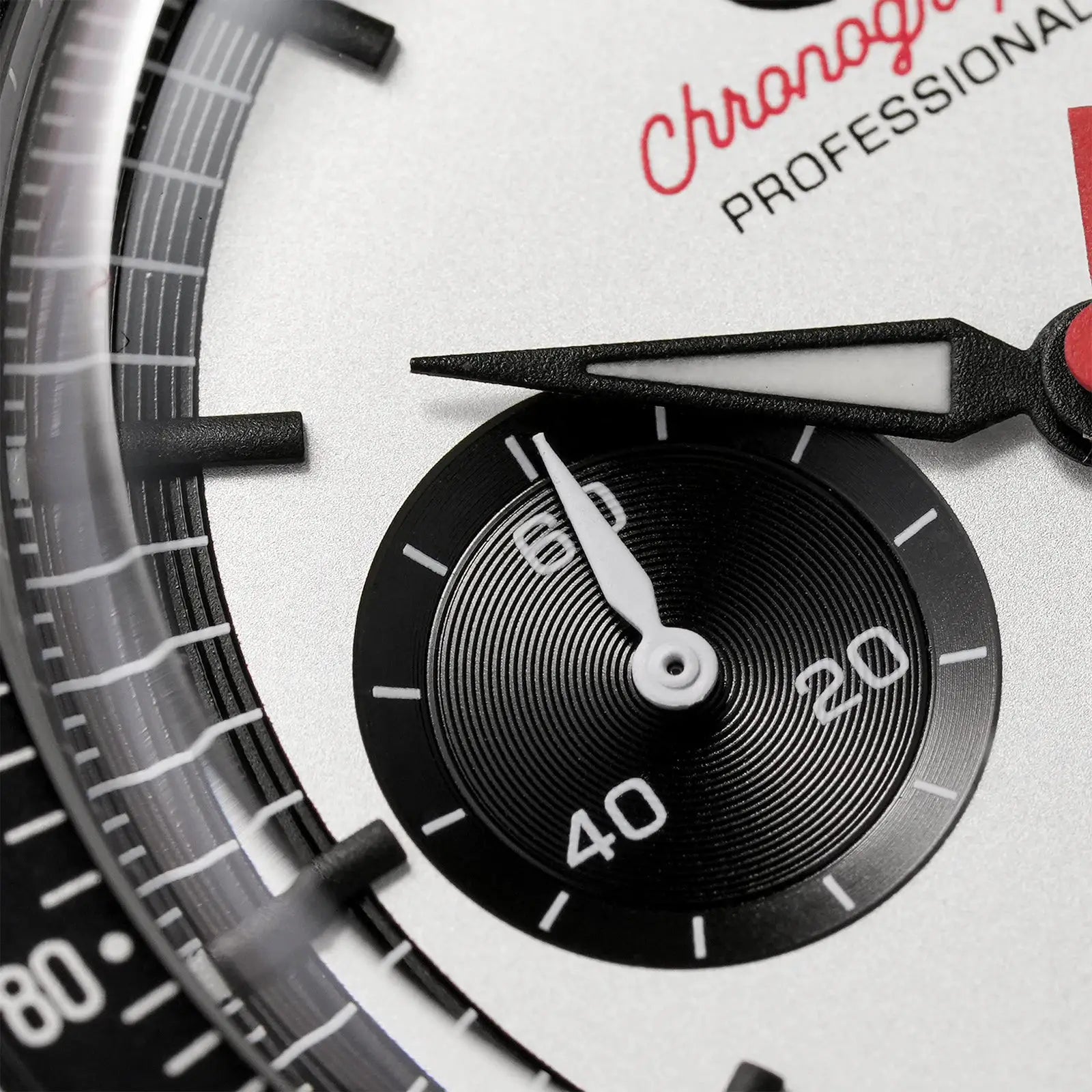 Watchdives WD1863 quartz chronograph men's watch with black dial, white hands and subdial, close-up of bezel