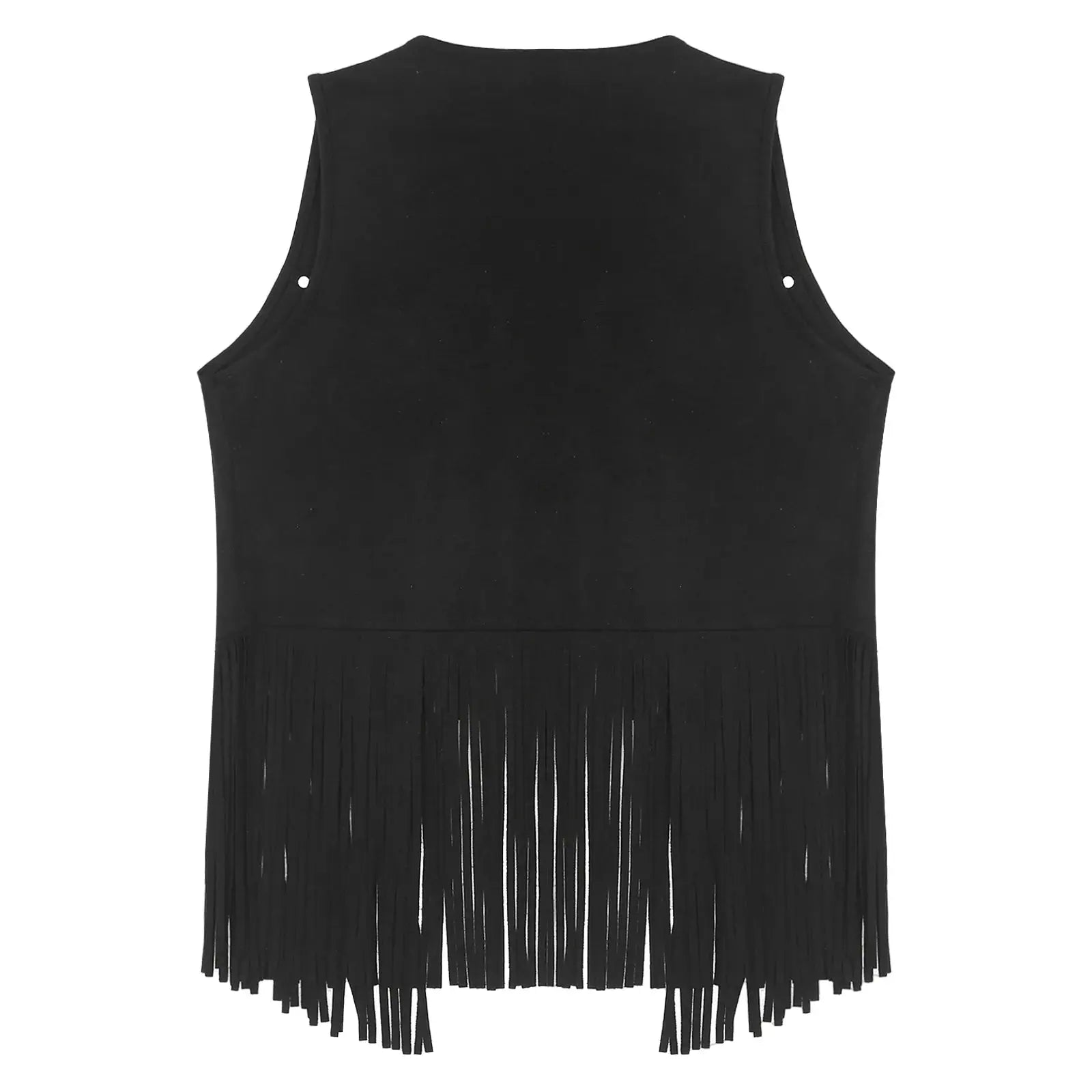 Mens faux suede tassel vest, black with fringe hem, back view