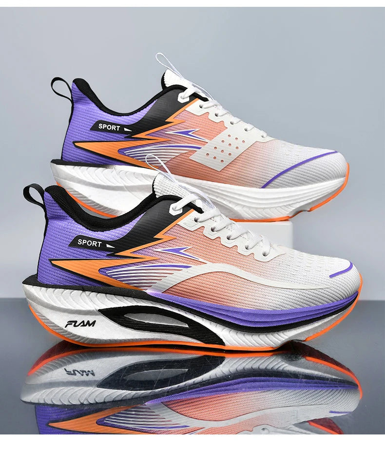 Men's running sneakers with breathable white mesh, purple and orange accents, and air-cushion sole; two shoes shown.