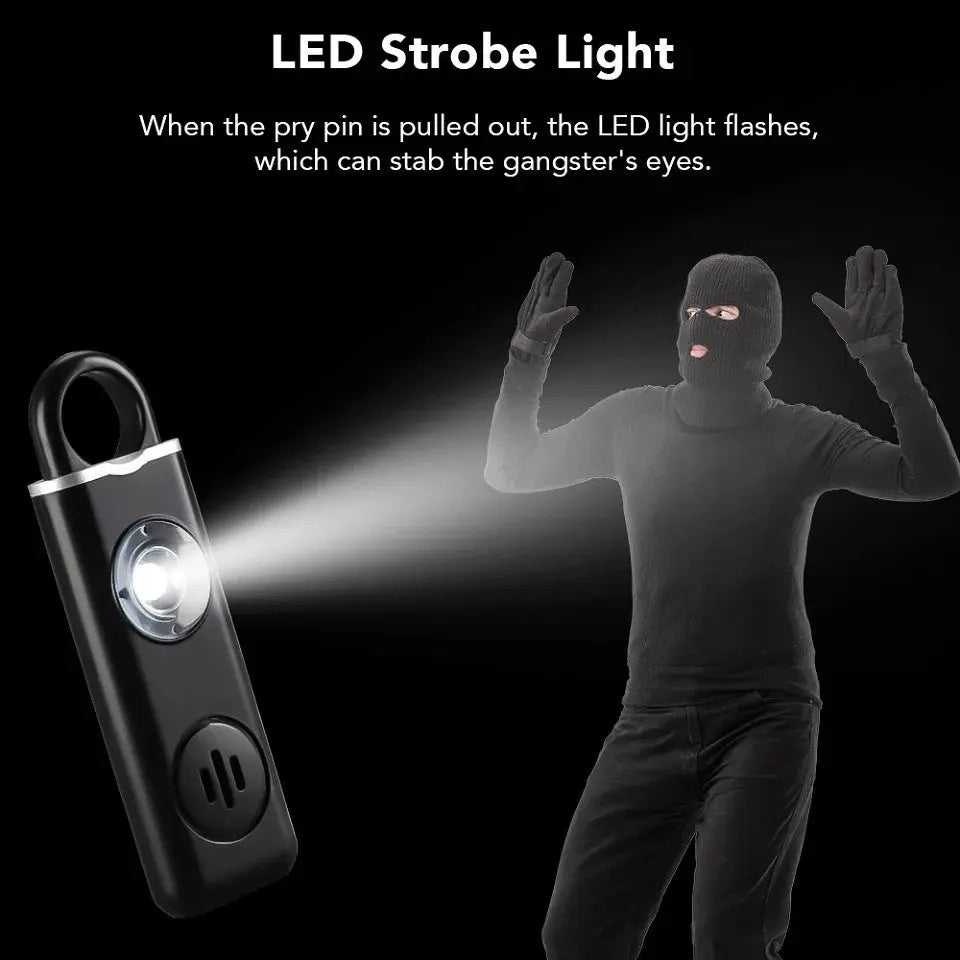 Hollarm self-defense alarm with LED strobe and 130dB siren, black rechargeable keychain by Simples Market