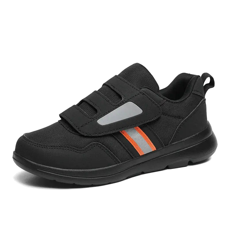 Simples Market wide-toe sneakers, black diabetic-friendly athletic shoes with Velcro straps and orange reflective accents
