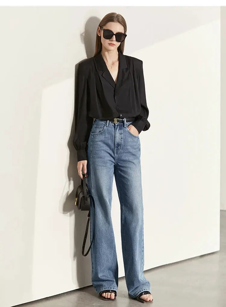 Amii Minimalism Vintage Denim Jeans Women Loose Wide Leg Autumn Pants