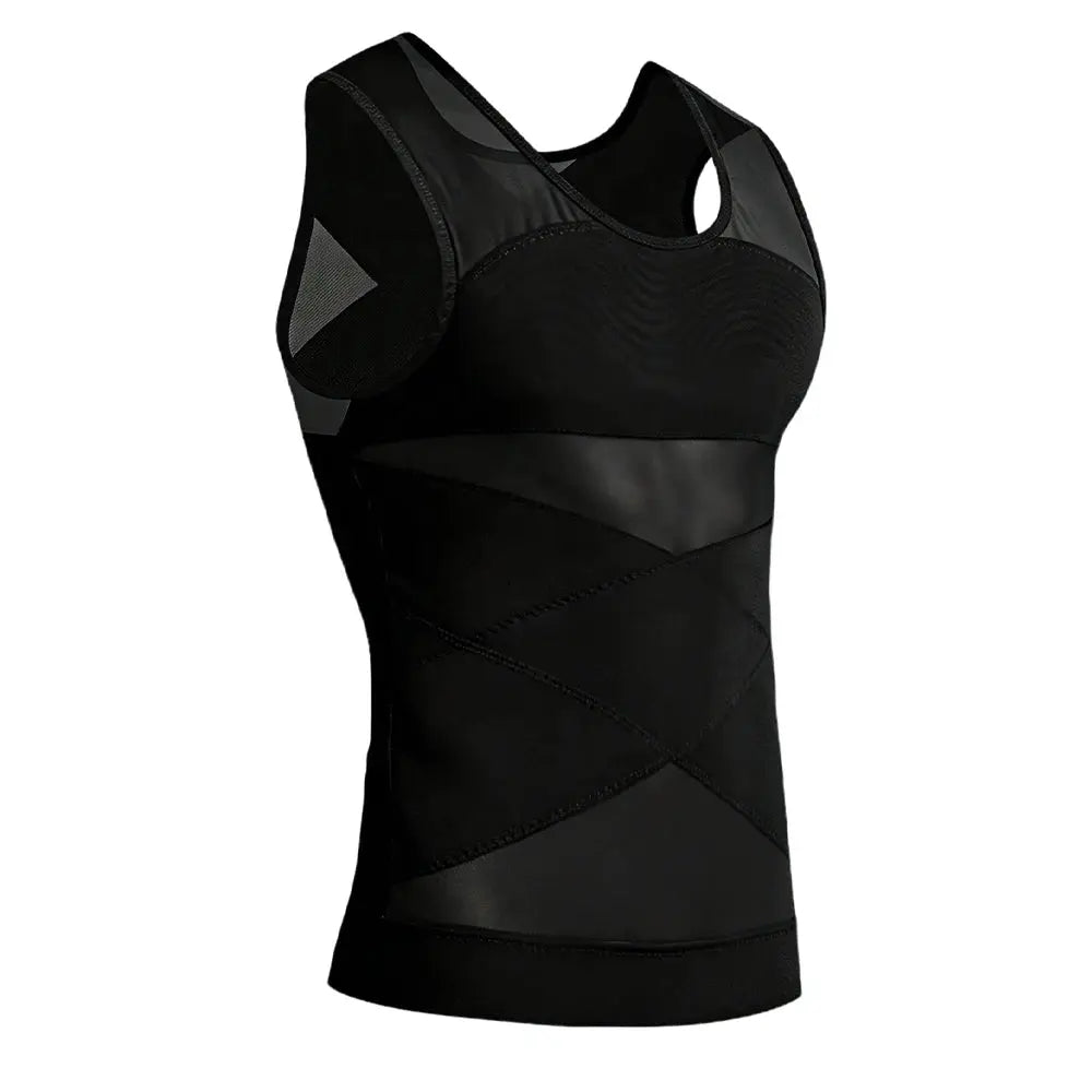 Men's chest compression tank top, black sleeveless athletic shirt with panel design.