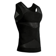Men's chest compression tank top, black sleeveless athletic shirt with panel design.