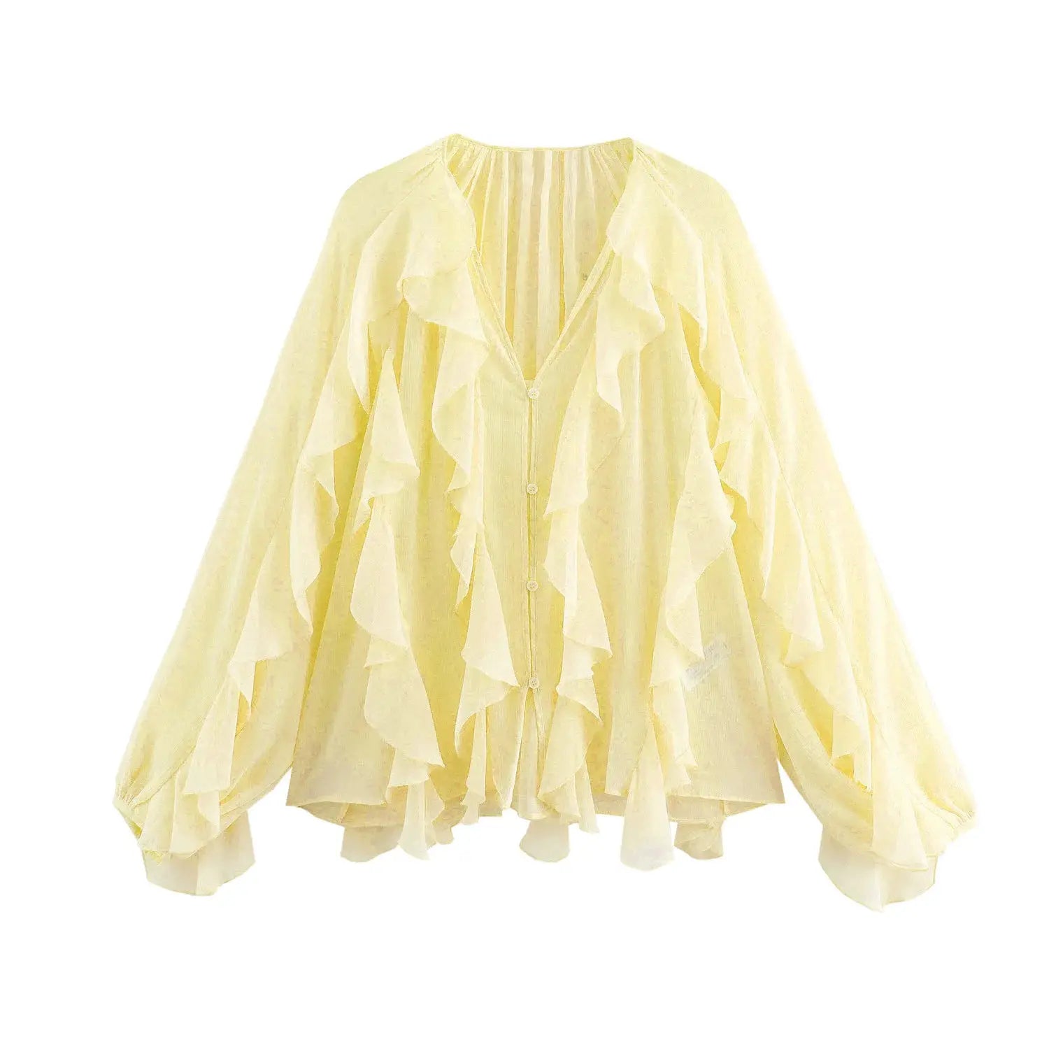 Women's yellow ruffle-front blouse with cascading frills and long sleeves