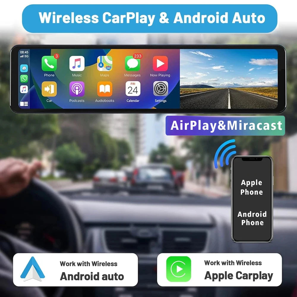 11.26 Inch 4K Car DVR With CarPlay Android Auto Dash Cam GPS WiFi