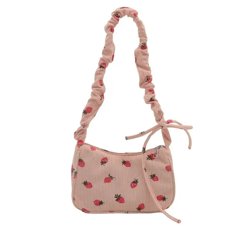 Simples Market women's pink corduroy underarm bag with strawberry print and ruched strap