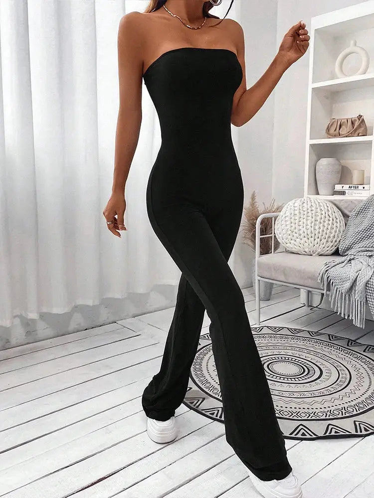 Jumpsuit Simples Market black strapless drawstring-waist with slim micro-flare legs