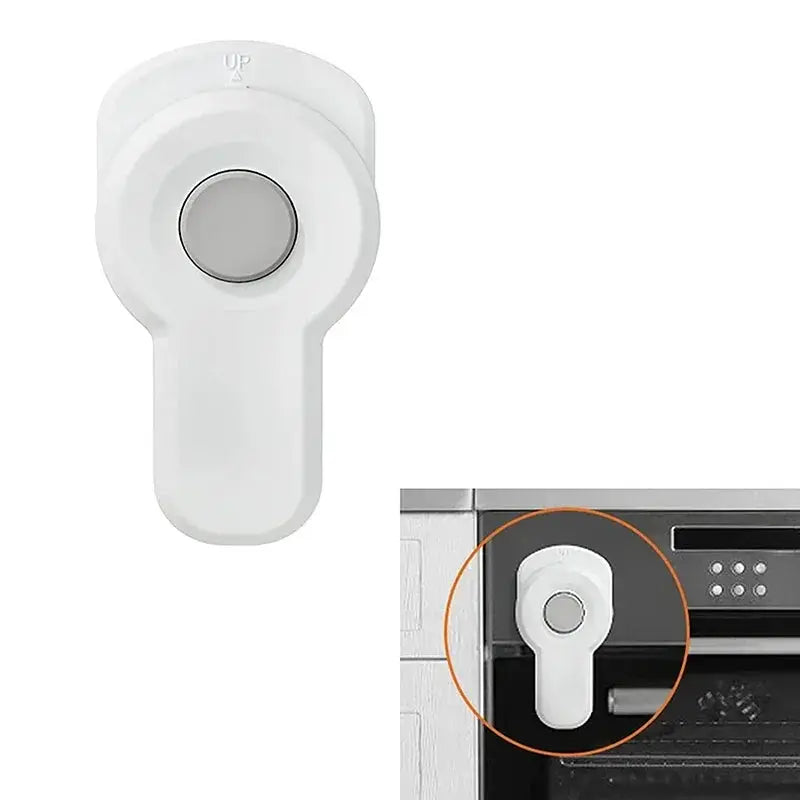 White plastic baby oven door lock with anti-opening buckle for kitchen and microwave safety.
