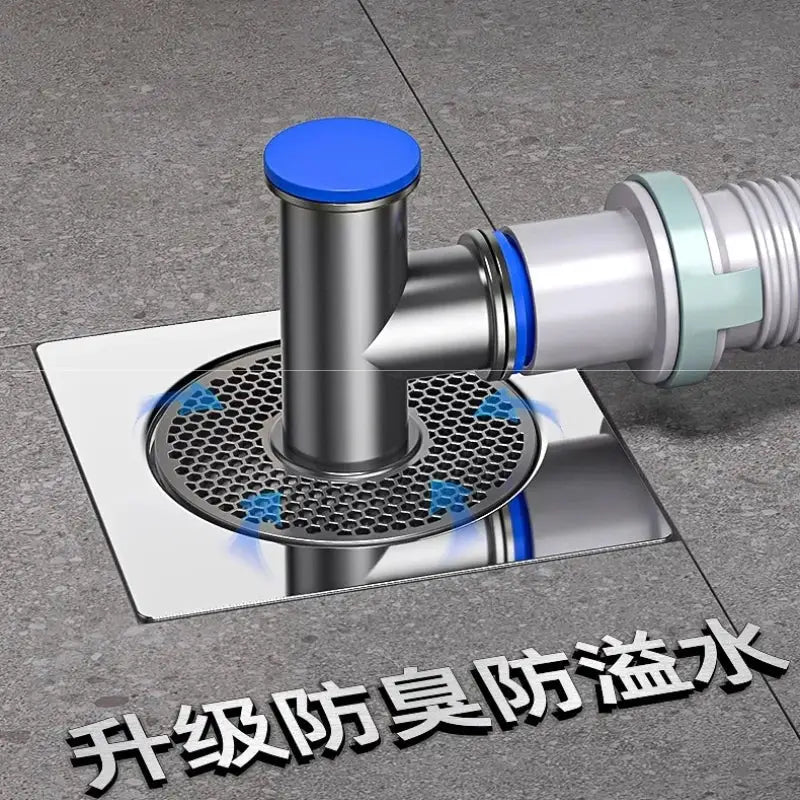 Universal washing machine floor drain by Simples Market; blue cap, stainless steel 2-in-1 sewer connector hose adapter