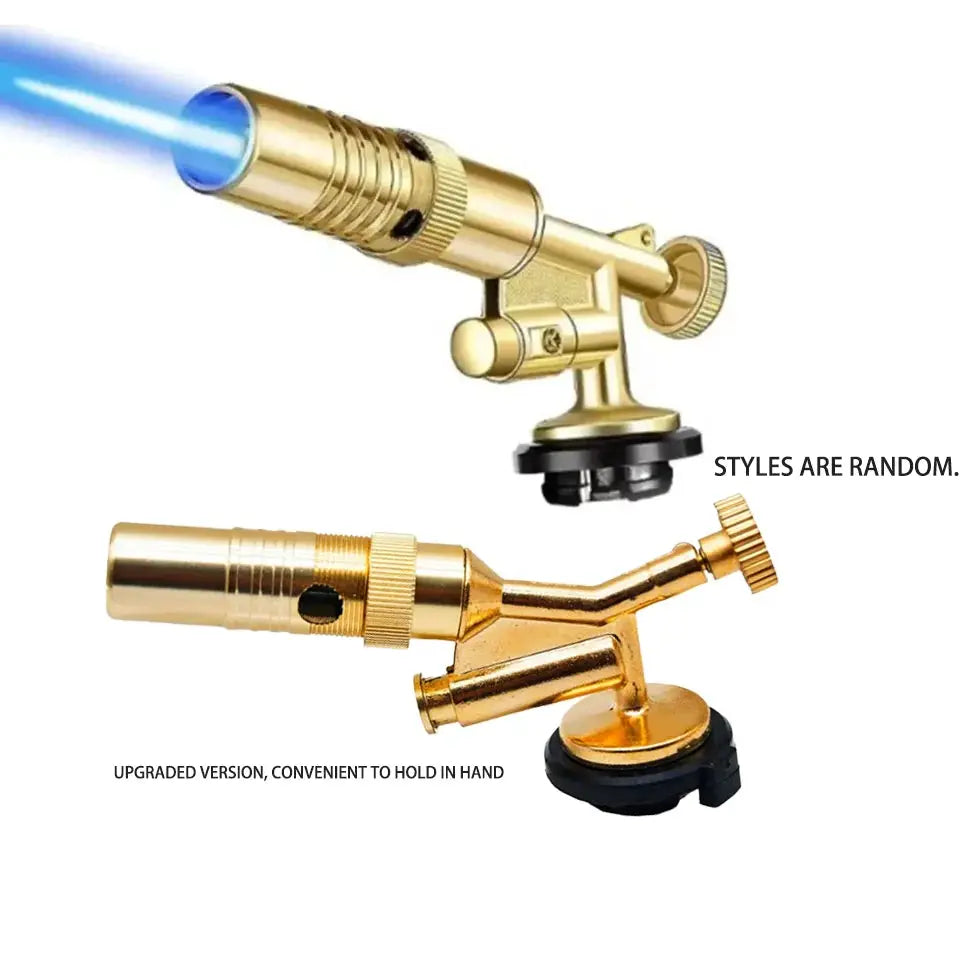 Brass welding gas torch set by Simples Market, two gold-tone butane burners with adjustable knobs and blue flame
