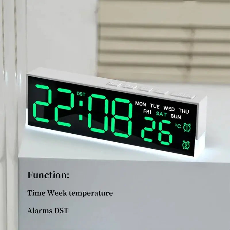 USB powered digital alarm clock with white body and bright green LED display showing time, date and temperature