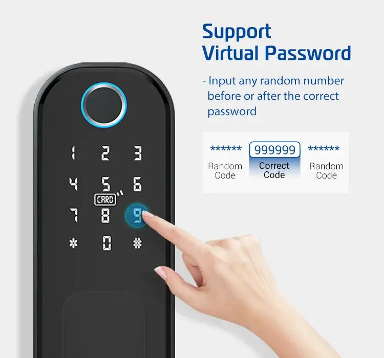 R5 PRO smart door lock with black finish, keypad and blue ring; rust-proof coating and TTLock app compatibility