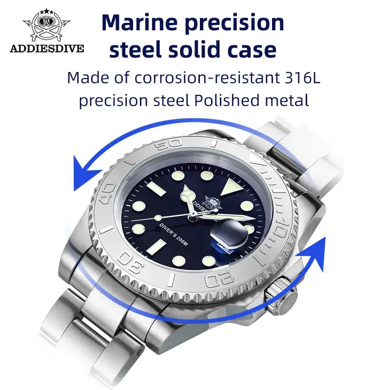 ADDIESIDVE men's stainless steel diver watch with blue dial, luminous markers; ADDIESDIVE logo visible