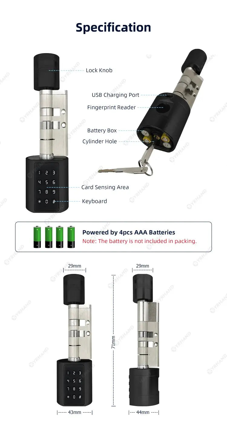 Smart Euro Cylindrical Door Lock by Simples Market with keypad and fingerprint reader, two-piece set