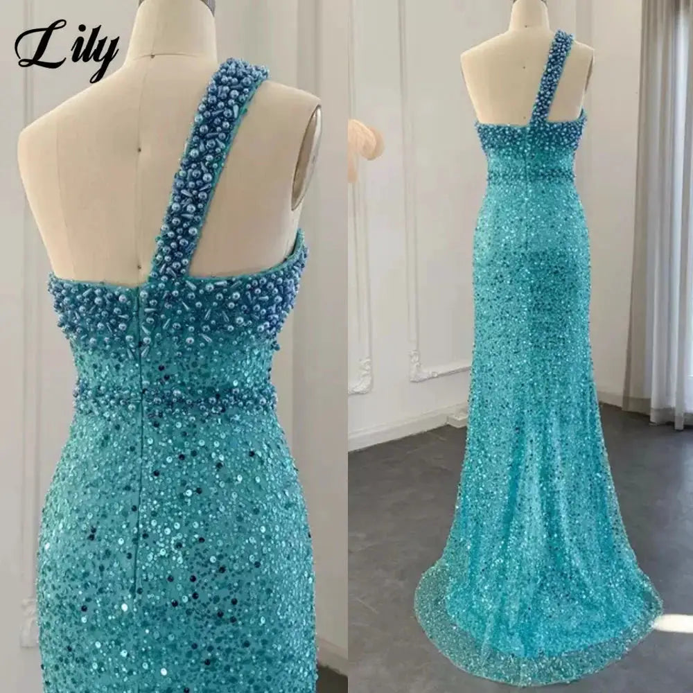 Lily Blue Prom Dress One Shoulder Sleeveless Mermaid Gown Rhinestones