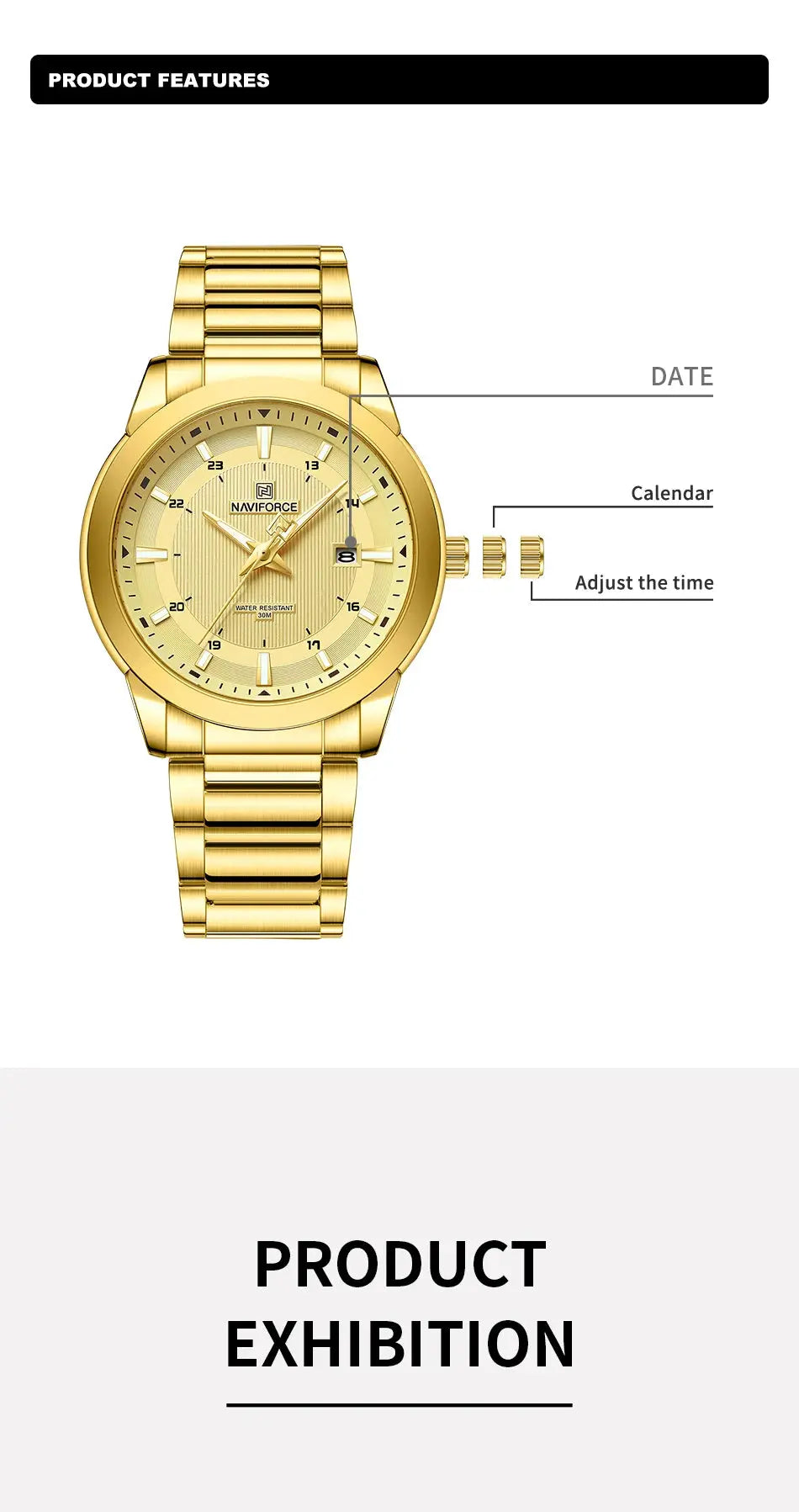 NAVIFORCE men's gold stainless steel watch with date display, calendar, water resistant 30m and adjustable crown