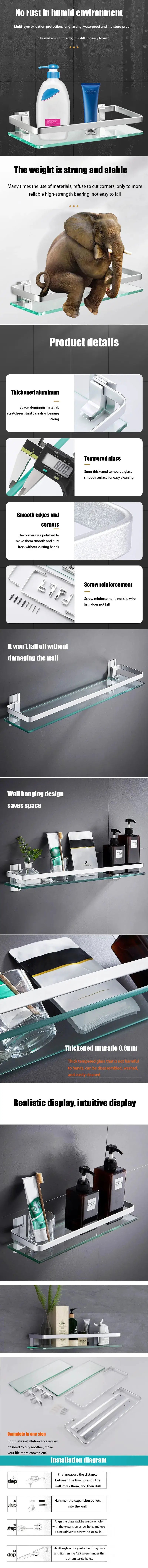 Glass bathroom wall-mounted shelf organizer set by Simples Market; clear glass shelves with chrome hardware