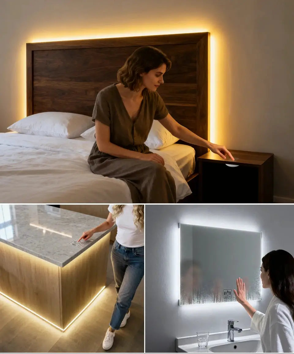 Simples Market self-adhesive COB LED light strip for under cabinets; touch-dimmable silicone neon tape, 2–10m.