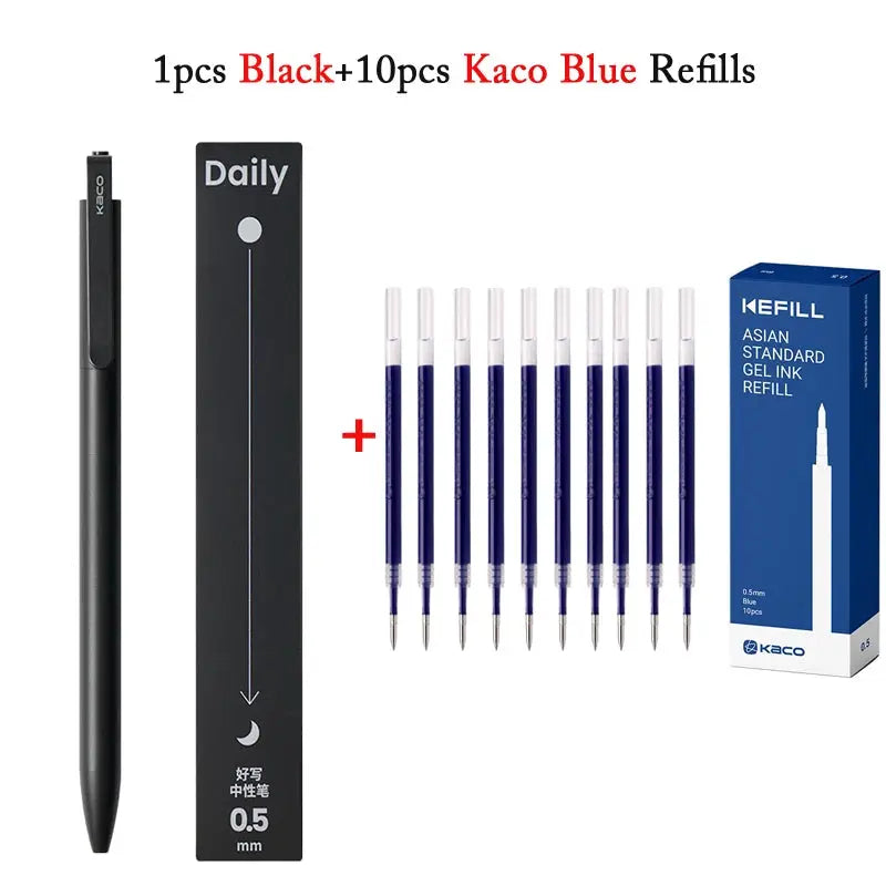 KACO gel pen with metal clip, black 0.5mm ink; includes 1 pen, 10 blue refills and KEFILL box
