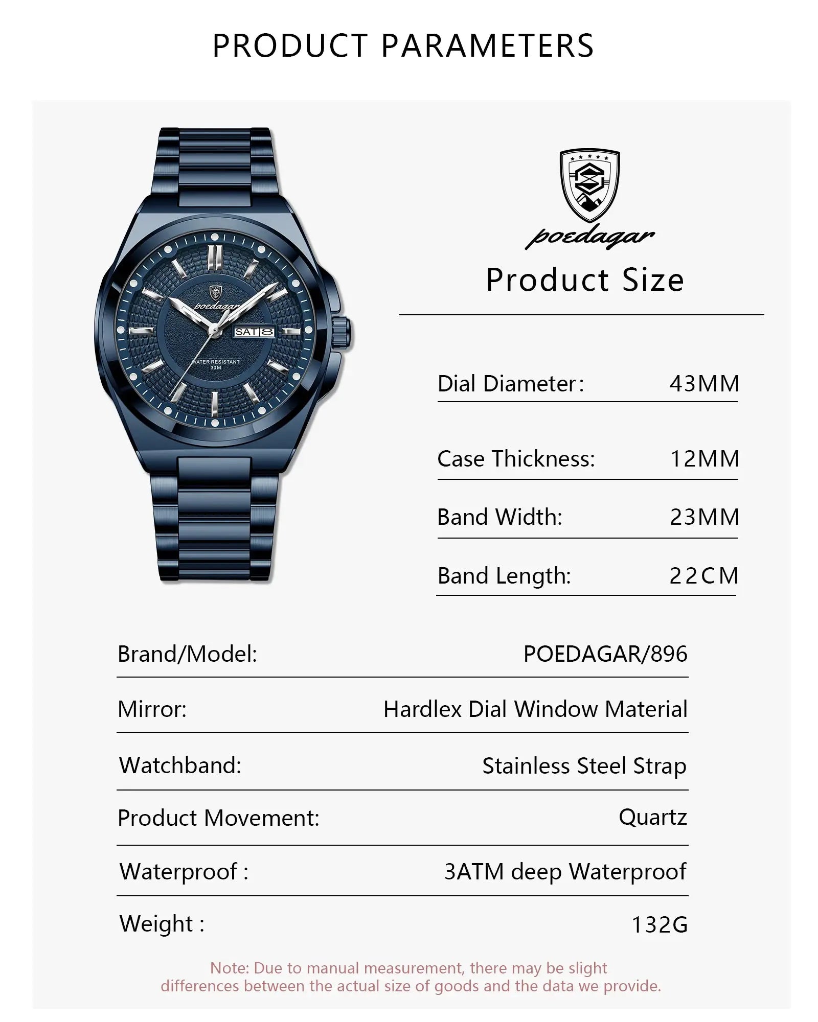 POEDAGAR stainless steel men's wristwatch with blue dial, date and day display, waterproof, luminous hands