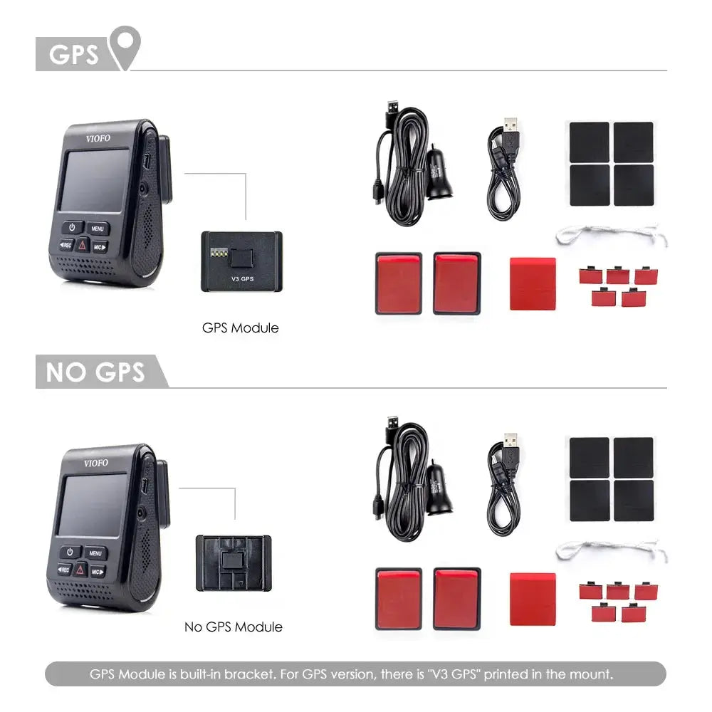 VIOFO A119 V3 dash camera with GPS module and assorted accessories including cables and mounts.