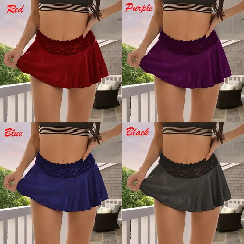 Sexy mini pleated lace high-waist skirt by Simples Market; four color options red, purple, blue, black.