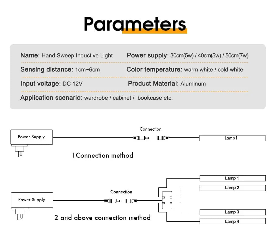 LED under-cabinet light with PIR motion sensor, 30/40/50 cm, warm/cold white, aluminum body, DC12V, Simples Market