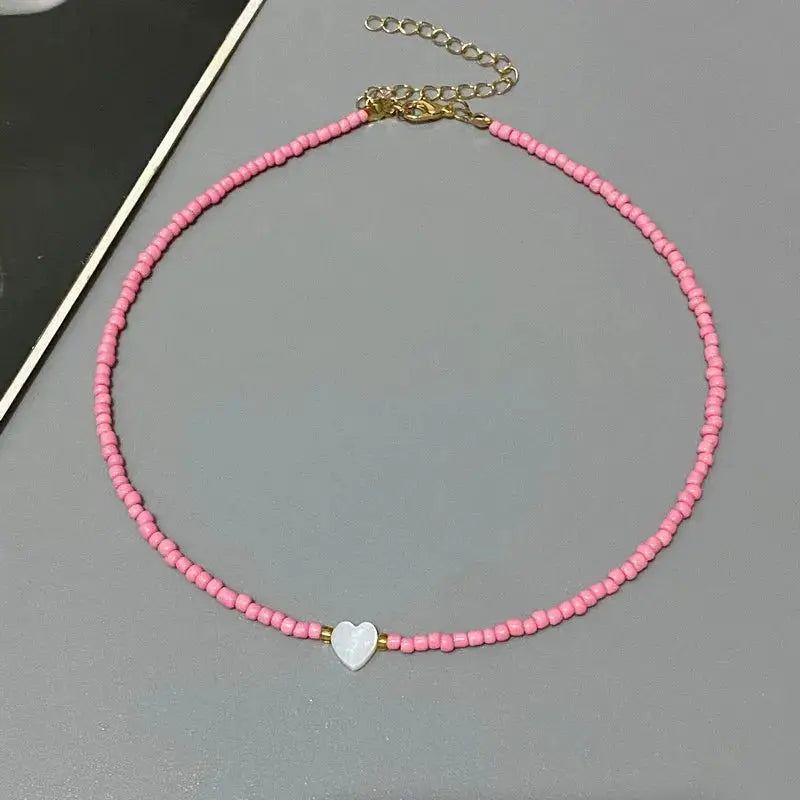 New Nature Shell Love Heart Choker Necklace For Girls Spring Summer Fashion Colorful Glass Beads Gift For Friend