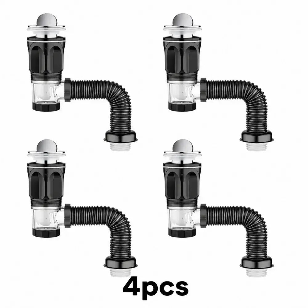 Four bathroom sink drain assemblies with flexible corrugated hoses, ABS bodies, and side outlets.