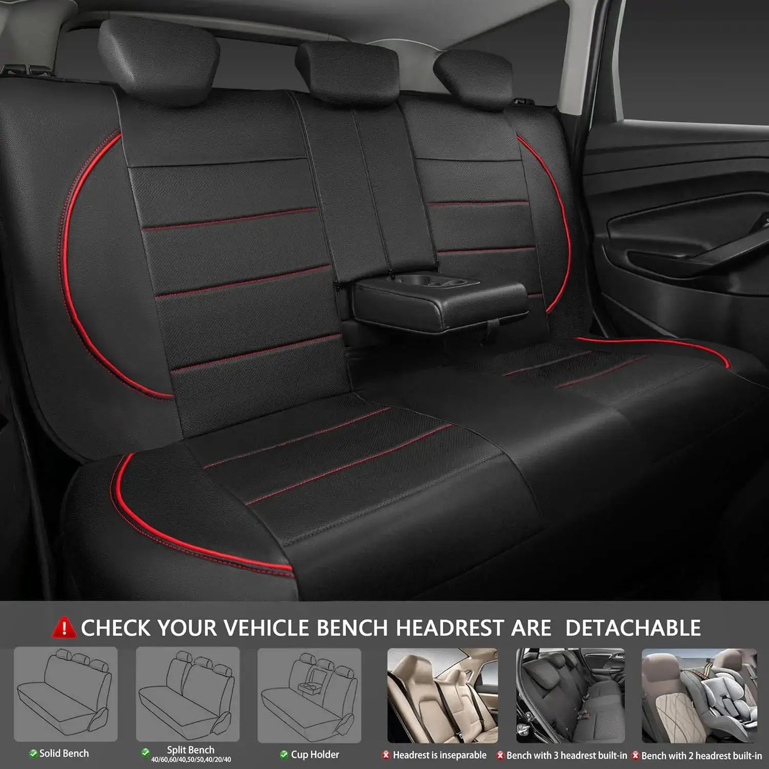 Universal leather car seat cover for 5-seat bench; black with red piping and stitching, center armrest with cup holders.